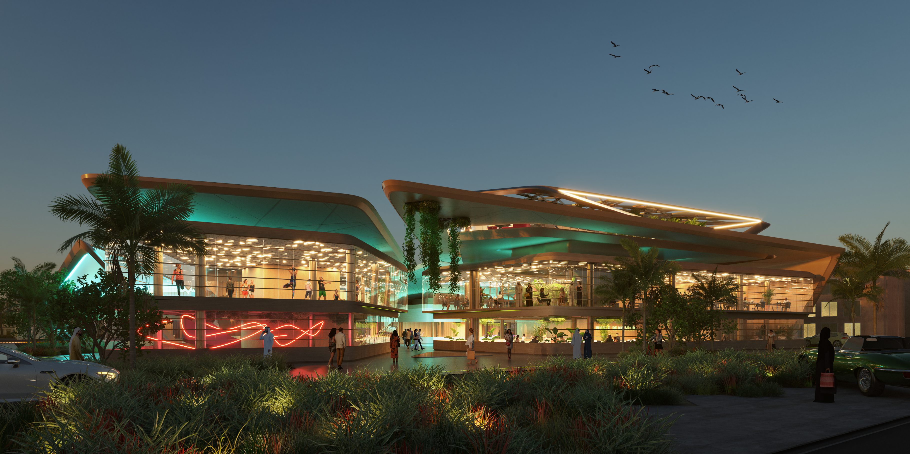 Rendering 3D di un centro commerciale moderno con metà wireframe colorato e metà renderizzata.