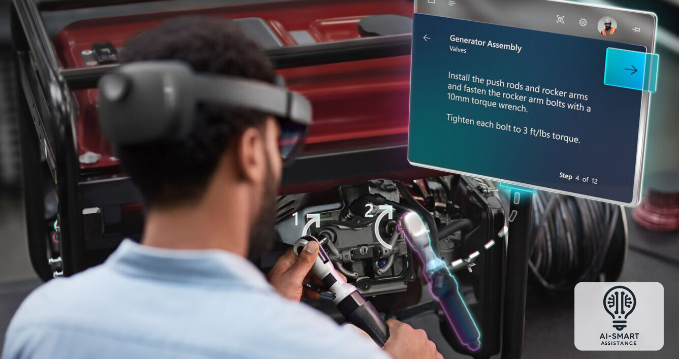 Persona che indossa HoloLens riceve assistenza da un assistente virtuale AI per riparare un attrezzo.