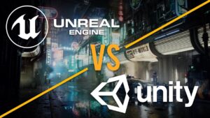 Immagine che mostra Unreal Engine e Unity 3D con i loghi di entrambi i software e un rendering 3D nello sfondo