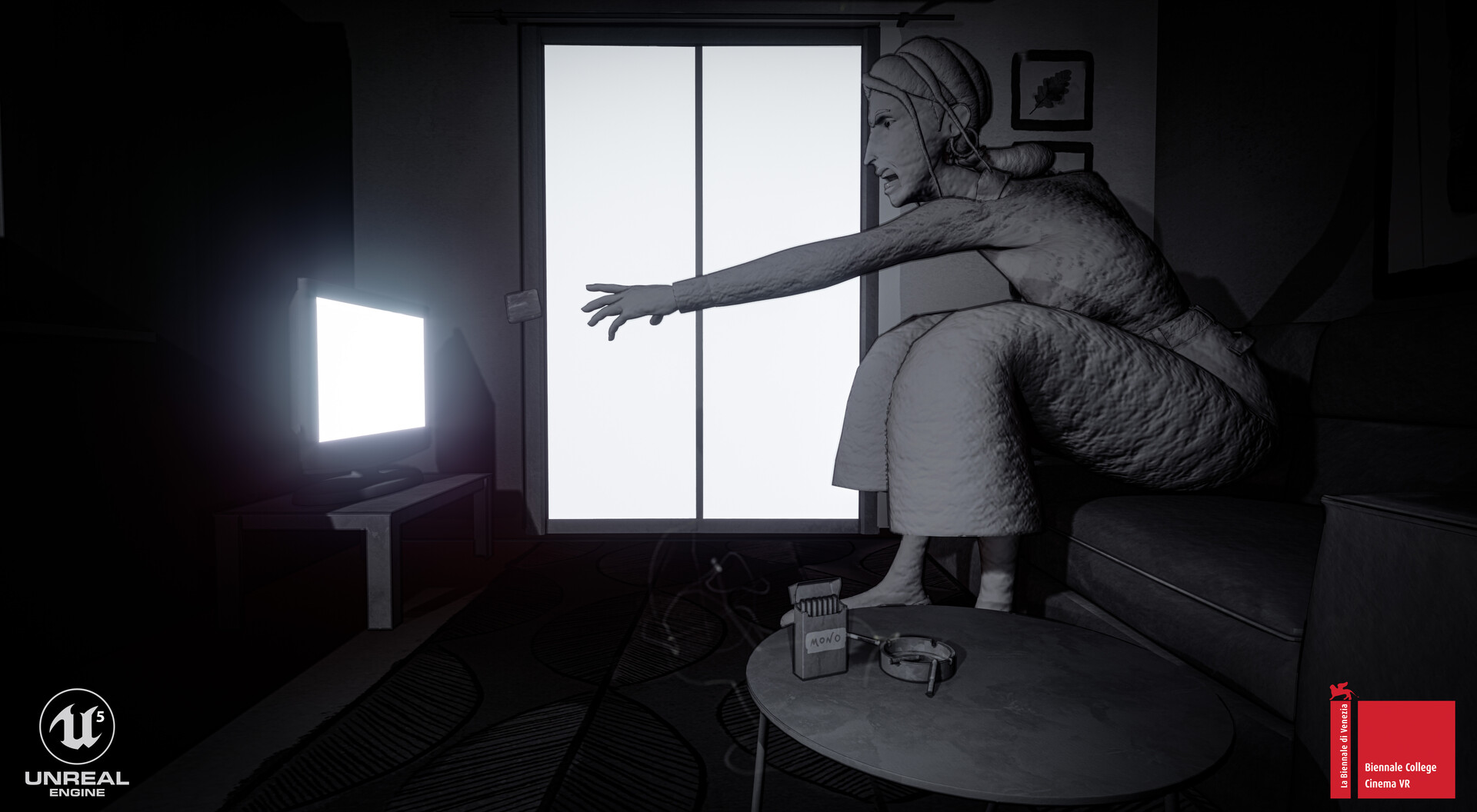 Render di un frame di "Mono VR Film" con una vista dettagliata della protagonista Una.